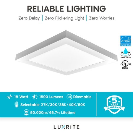 Luxrite 1x1 FT LED Panel Flush Mount Light 5 CCT Selectable 2700K-5000K 18W 1500LM Dimmable UL LR24025-1PK